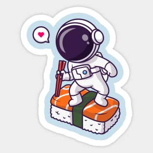 Cute Astronaut Surfing On Sushi With Chopstick Cartoon Sticker